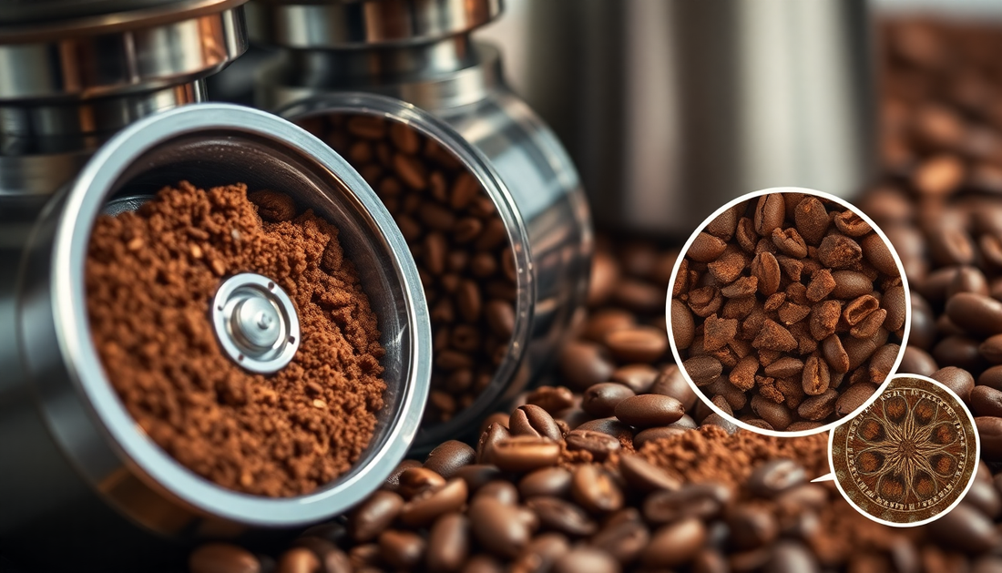 Close-up of coffee grinder with ground coffee and coffee beans showing does coffee grind affect flavor concept