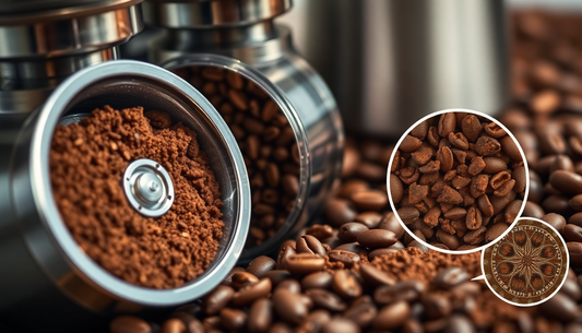 Close-up of coffee grinder with ground coffee and coffee beans showing does coffee grind affect flavor concept