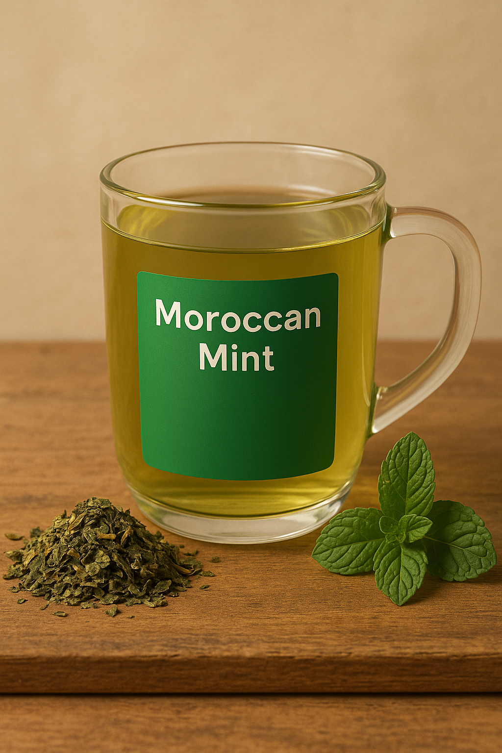 Glass cup of Moroccan mint tea blend with dried tea leaves and fresh mint on a wooden surface