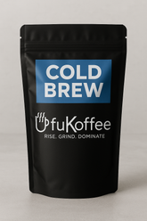 UfuKoffee coarse ground cold brew coffee in black resealable pouch with blue cold brew label