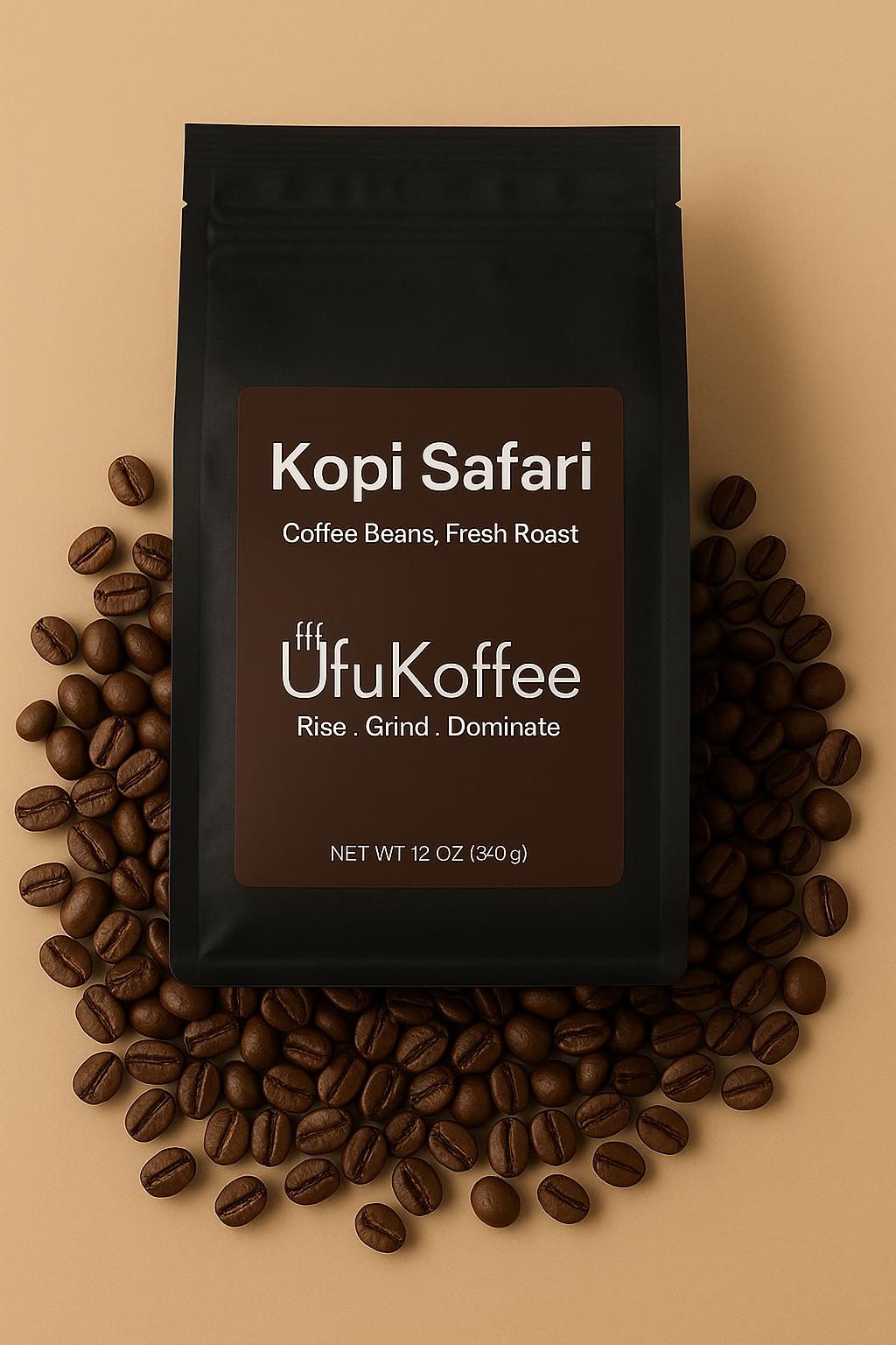 Buy Kopi Safari coffee beans from UfuKoffee fresh roast 12 oz black packaging with surrounding coffee beans