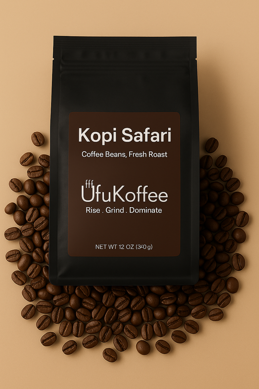 Buy Kopi Safari coffee beans from UfuKoffee fresh roast 12 oz black packaging with surrounding coffee beans