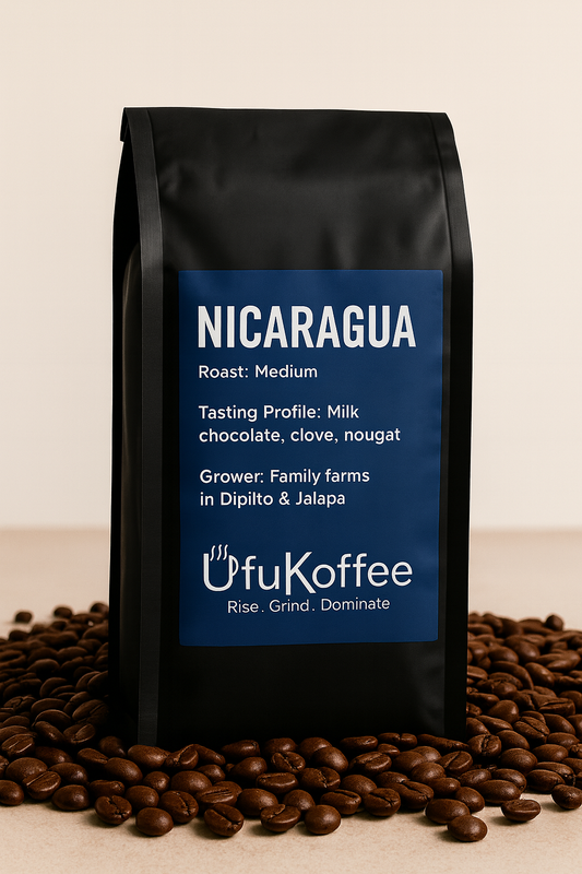 UfuKoffee medium roast coffee bag with freshly roasted Nicaraguan coffee delivery surrounded by coffee beans