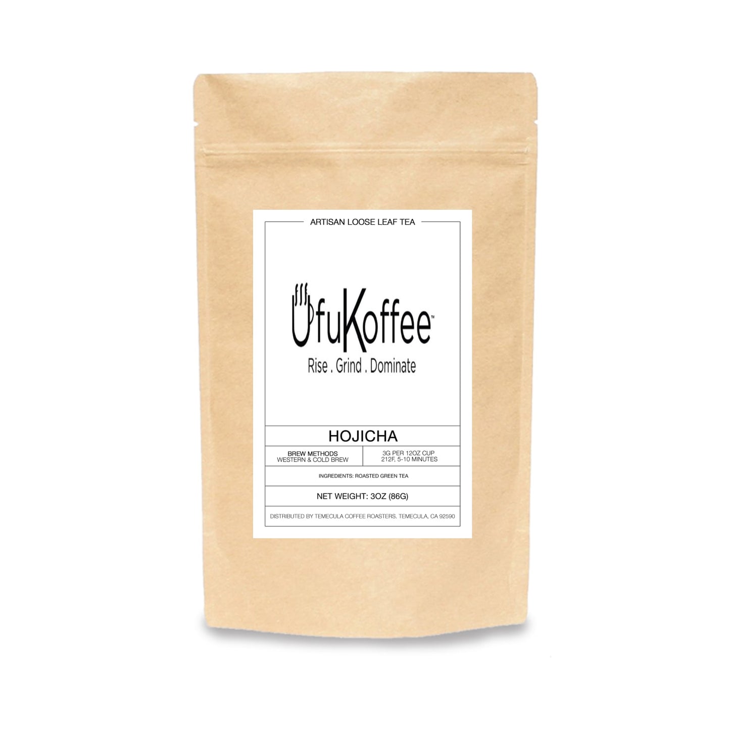 UfuKoffee artisan loose leaf Japanese hojicha tea for sale in a resealable kraft paper pouch