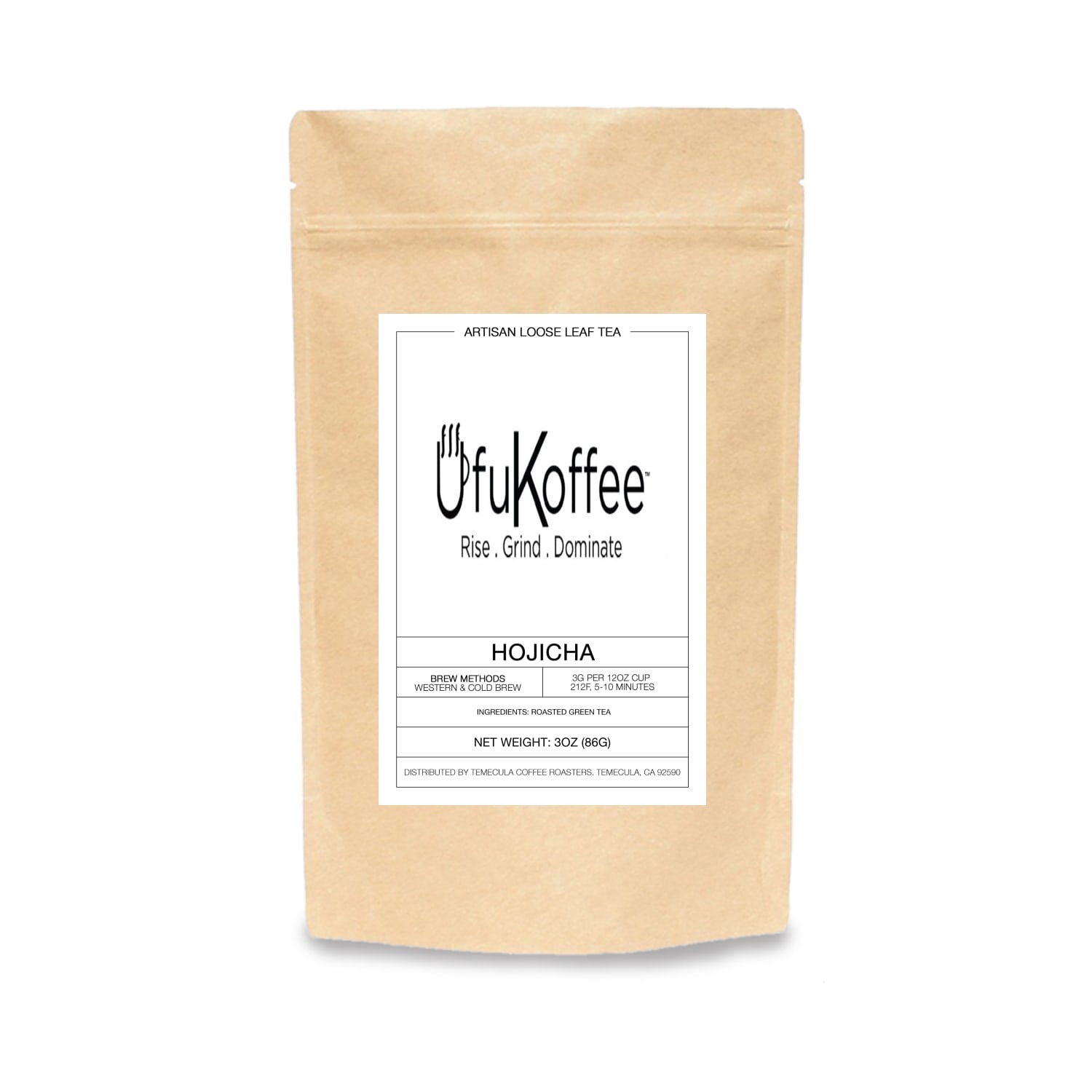UfuKoffee artisan loose leaf Japanese hojicha tea for sale in a resealable kraft paper pouch