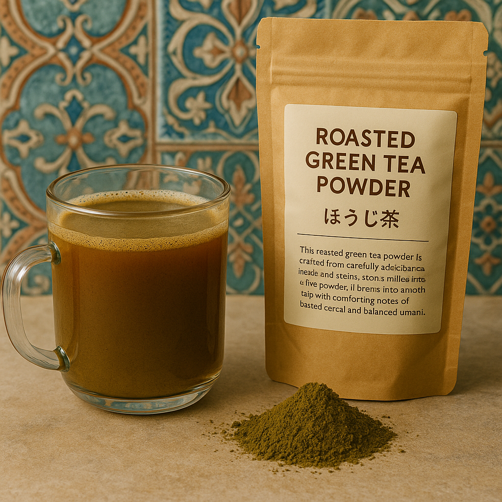 UfuKoffee roasted green tea powder with brewed cup and loose powder Japanese hojicha tea for sale
