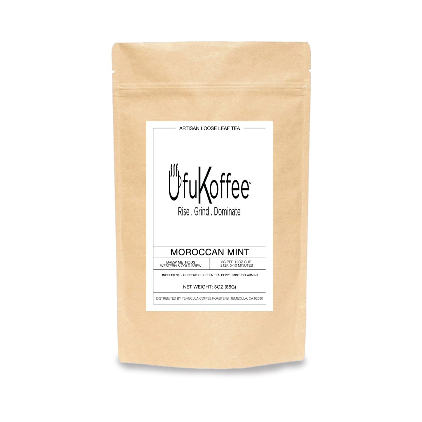 UfuKoffee Moroccan mint tea blend artisan loose leaf tea in a beige resealable pouch