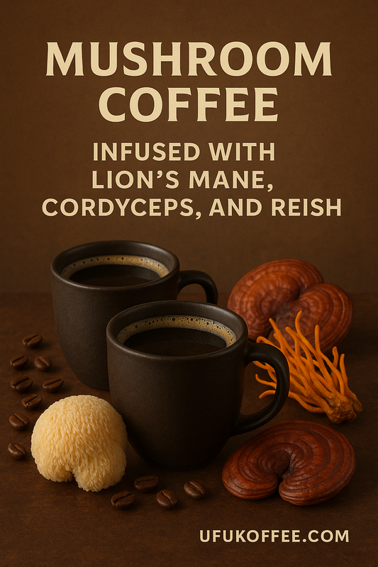 UfuKoffee mushroom coffee dark roast infused with lion's mane cordyceps and reishi mushrooms in black cups
