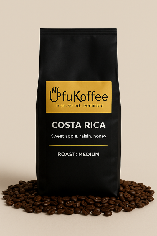 UfuKoffee black bag of Specialty Costa Rican Coffee Online medium roast with sweet apple raisin honey notes