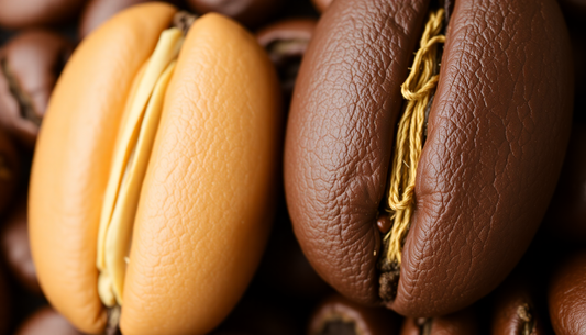 Close-up view of arabica vs robusta coffee beans showing differences in color and texture