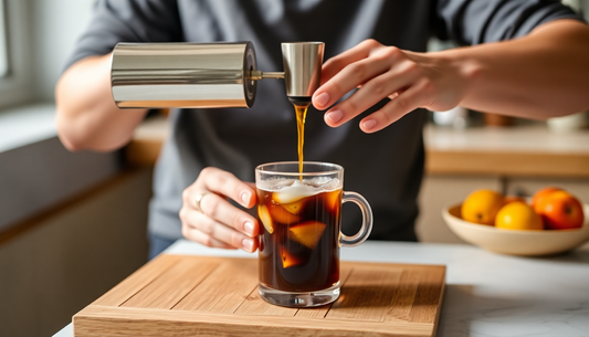 Person pouring cold brew coffee into a glass with ice demonstrating the best methods for brewing cold brew coffee