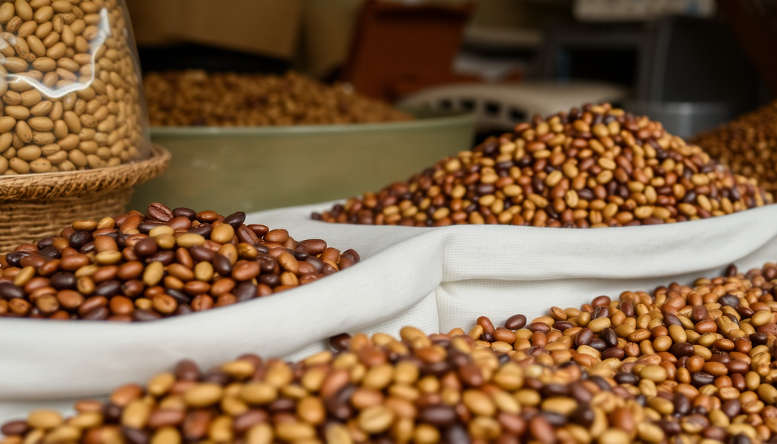 Close-up of various coffee beans displayed on white cloths comparing fresh coffee beans vs store bought options
