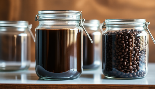 Glass jars filled with coffee beans and liquid showcasing the best containers for preserving coffee bean freshness