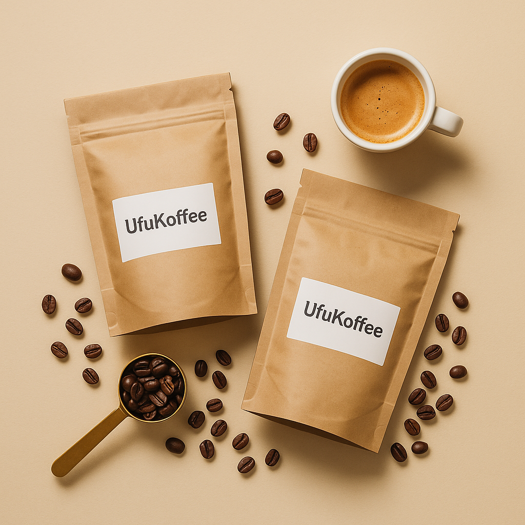 Specialty coffee bean blends in brown bags with scattered coffee beans and a cup of espresso