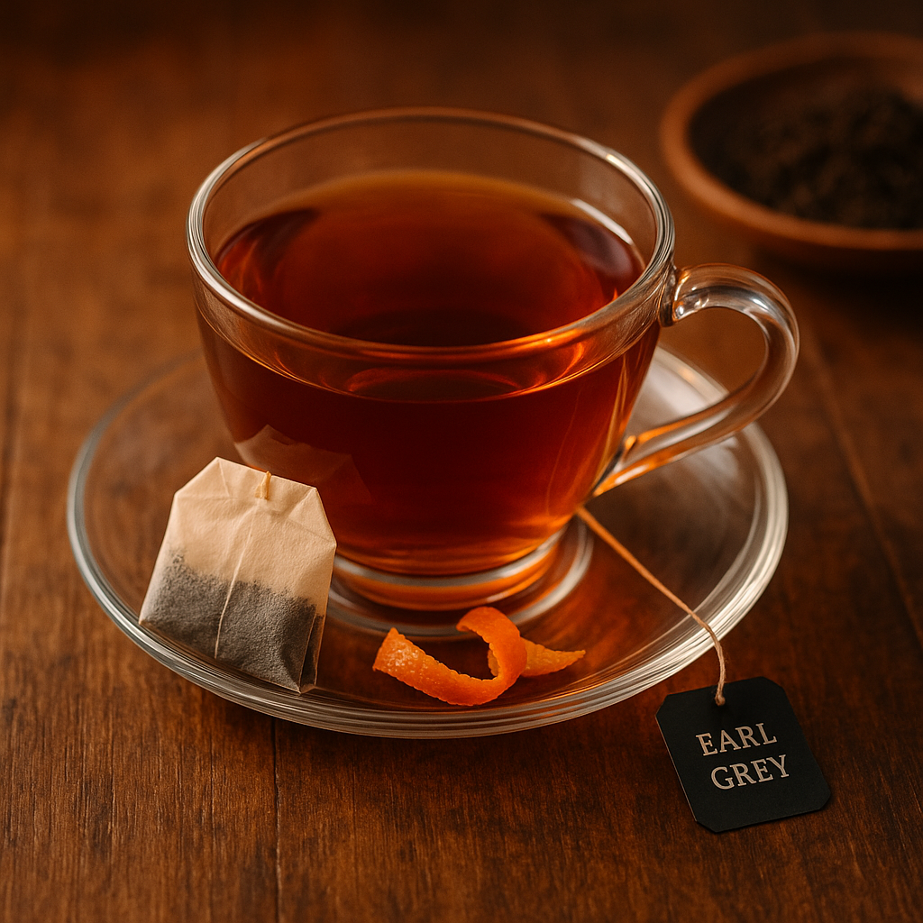UfuKoffee cup of Earl Grey tea with tea bag and orange peel highlighting best Earl Grey tea for delivery