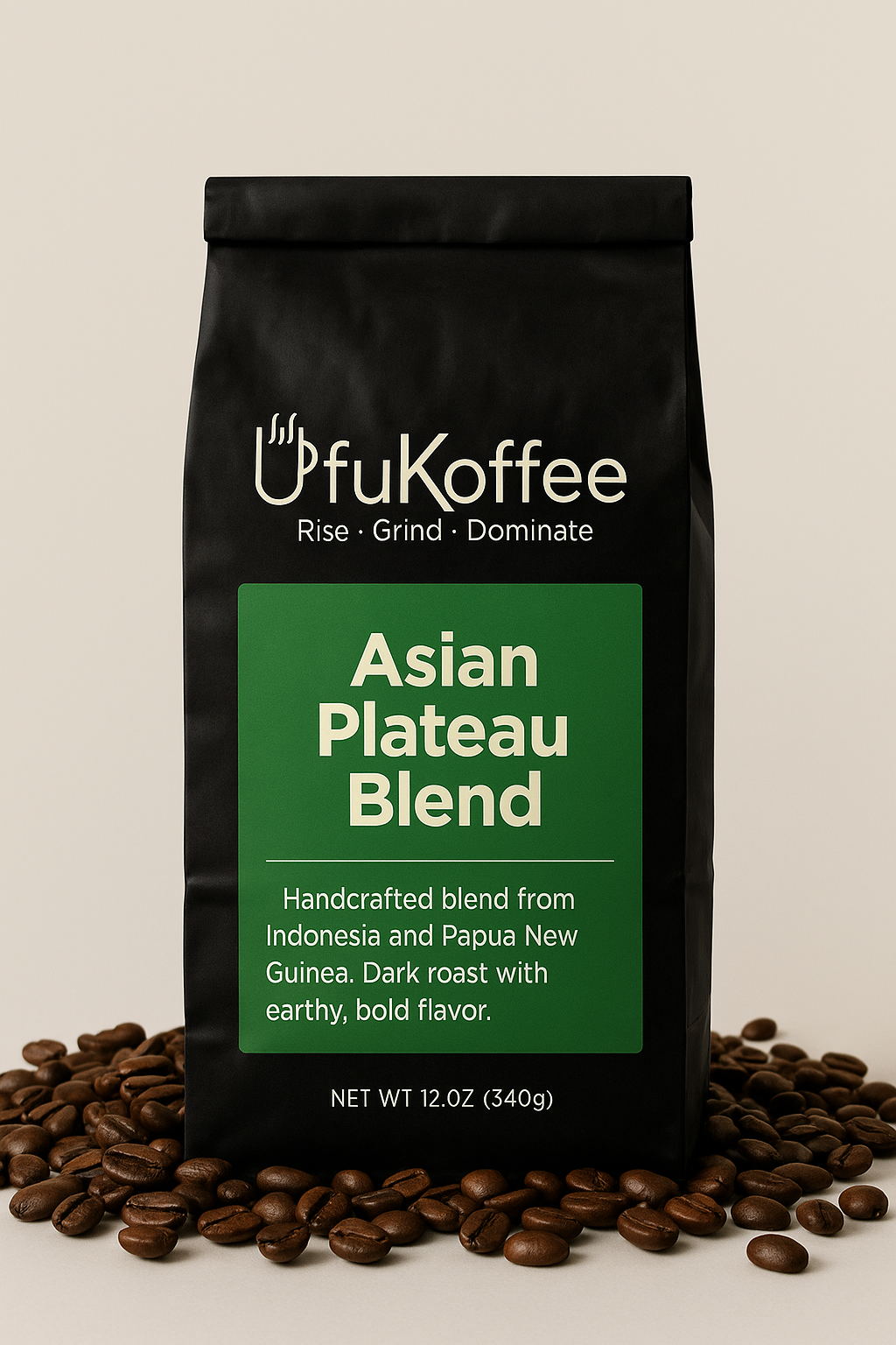 UfuKoffee Asian Plateau Blend Bold Herbal Coffee Beans in black 12 oz bag surrounded by coffee beans