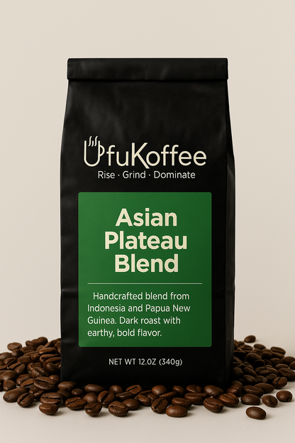 UfuKoffee Asian Plateau Blend Bold Herbal Coffee Beans in black 12 oz bag surrounded by coffee beans