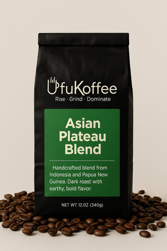 UfuKoffee Asian Plateau Blend Bold Herbal Coffee Beans in black 12 oz bag surrounded by coffee beans