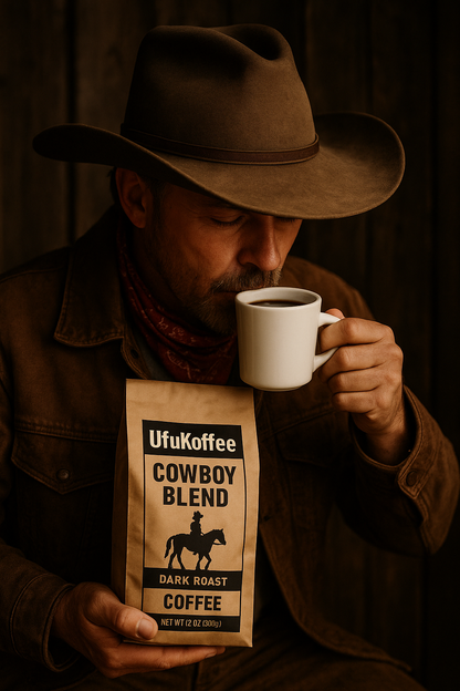 Man in cowboy hat holding UfuKoffee specialty cowboy roast dark roast coffee and sipping from a white mug