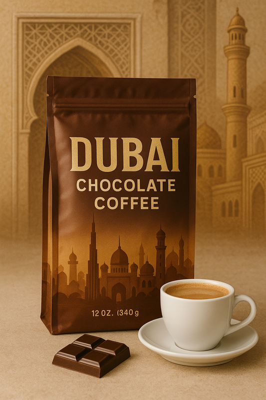 Buy Dubai chocolate coffee online 12 oz bag with cup of coffee and chocolate pieces by UfuKoffee