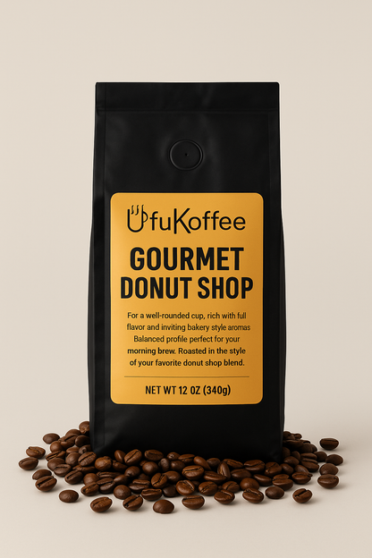 UfuKoffee Gourmet Donut Shop Coffee 12 oz black bag with coffee beans for rich full flavor