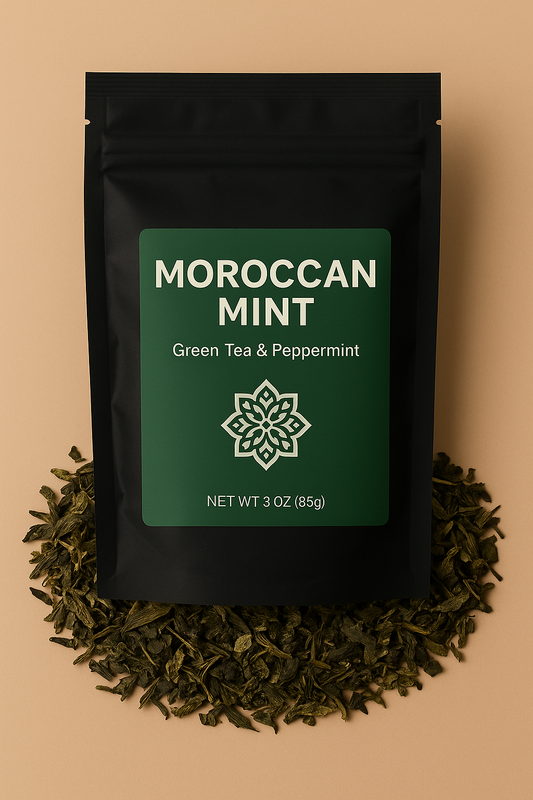 UfuKoffee Moroccan mint tea blend green tea and peppermint in black resealable pouch
