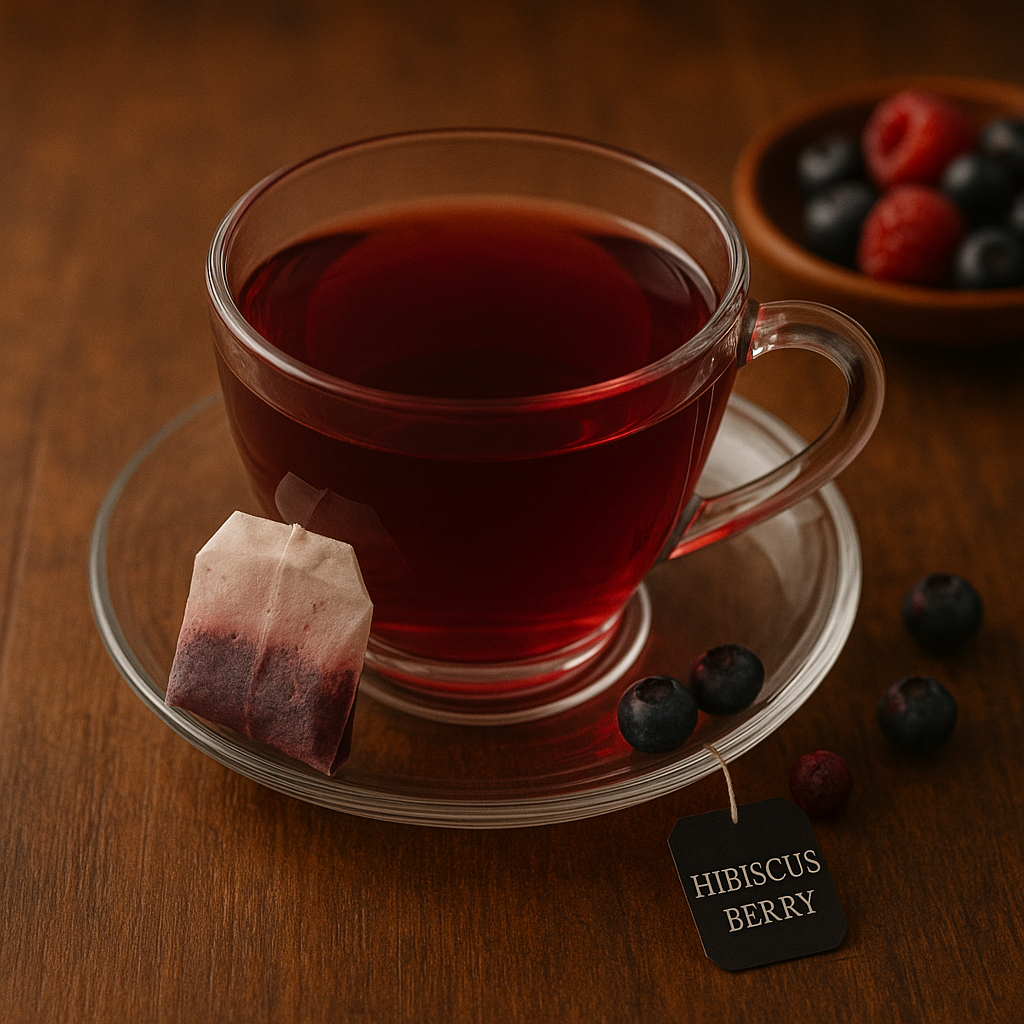 UfuKoffee hibiscus berry tea in a clear glass cup with tea bag and fresh berries on wooden table