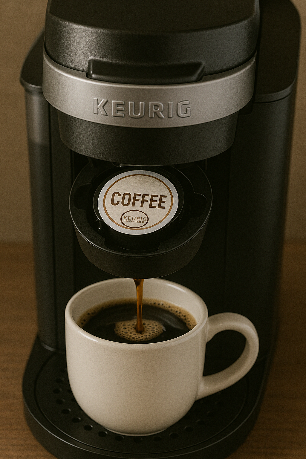 Keurig coffee maker brewing a fresh cup using specialty coffee pods delivery from UfuKoffee