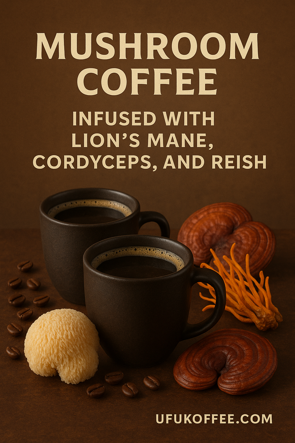 Two black mugs of mushroom coffee medium roast with lion's mane, cordyceps, and reishi mushrooms