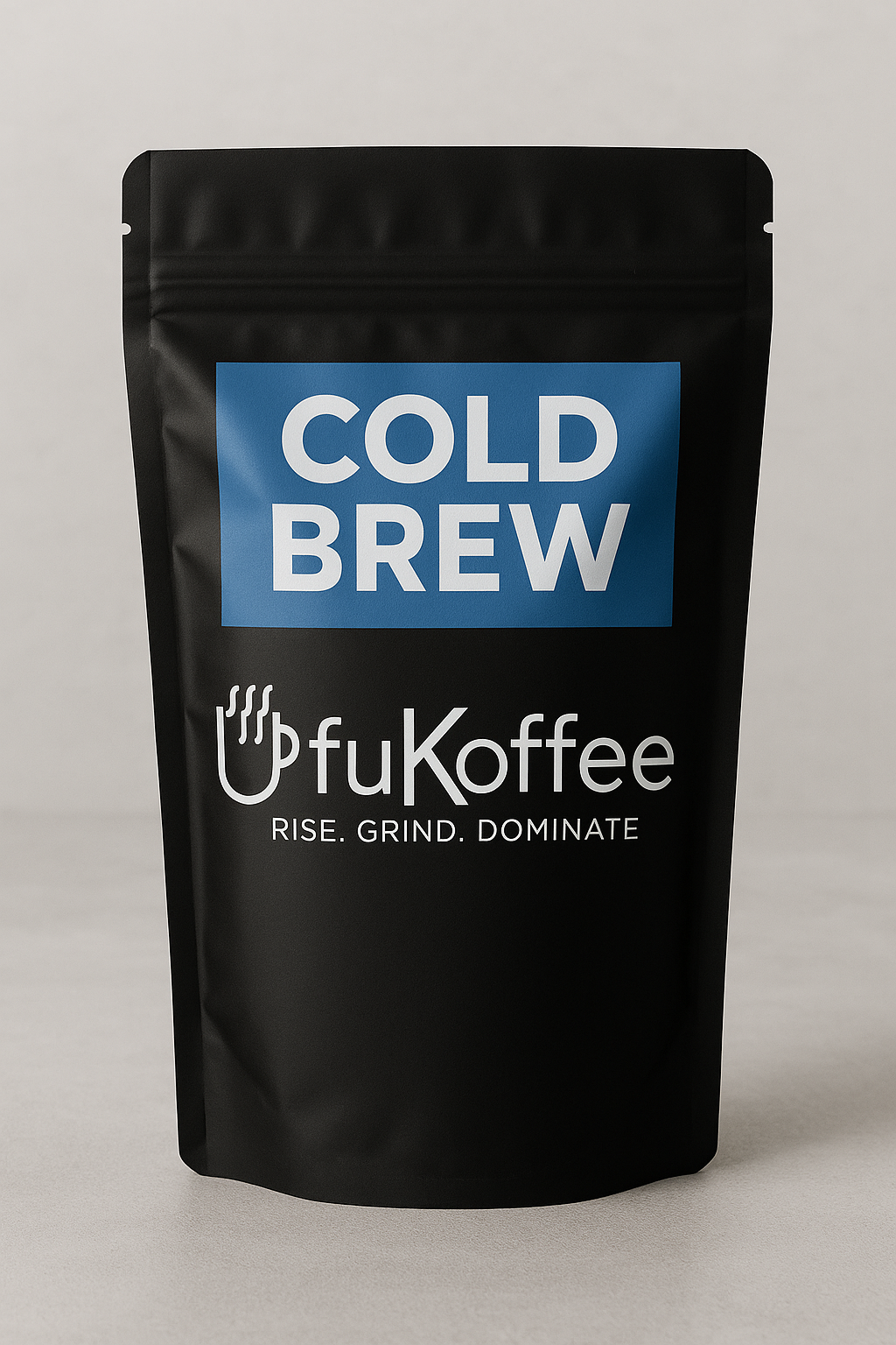 UfuKoffee coarse ground cold brew coffee in black resealable pouch with blue cold brew label