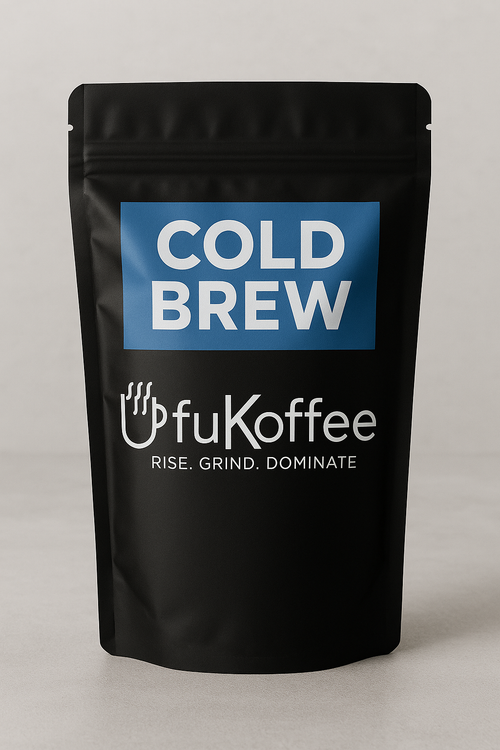 UfuKoffee coarse ground cold brew coffee in black resealable pouch with blue cold brew label