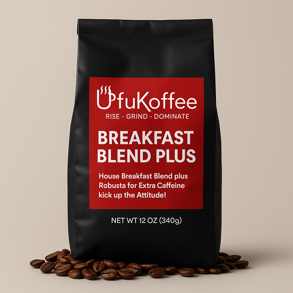 UfuKoffee Breakfast Blend Plus high caffeine specialty coffee bag with coffee beans