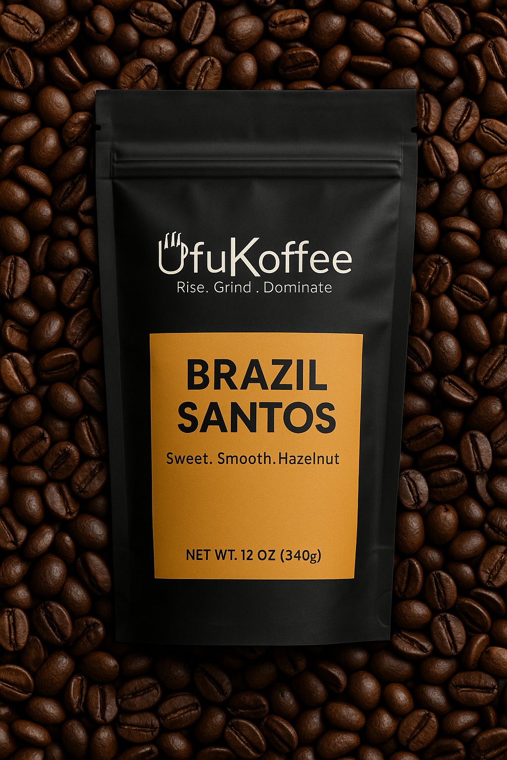 UfuKoffee Brazil Santos coffee bag on roasted beans with Smooth Brazil Coffee Online label