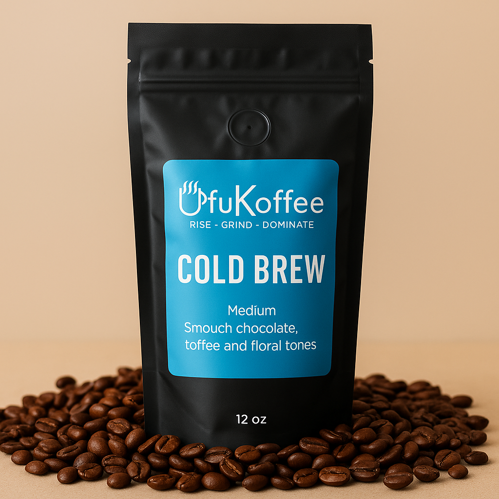 UfuKoffee smooth cold brew coffee medium roast with chocolate toffee and floral tones in black 12 oz bag