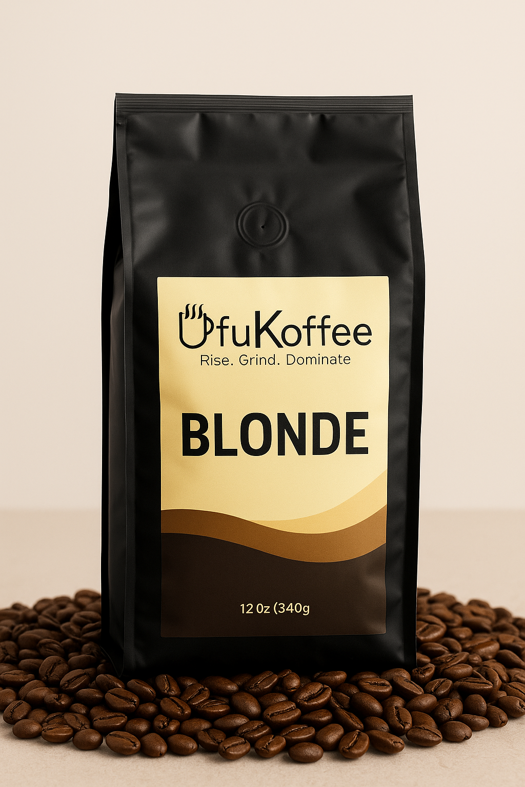 UfuKoffee Blonde sweet light roast coffee 12 oz bag surrounded by coffee beans