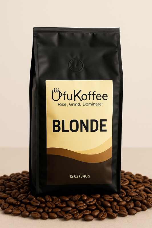UfuKoffee Blonde sweet light roast coffee 12 oz bag surrounded by coffee beans