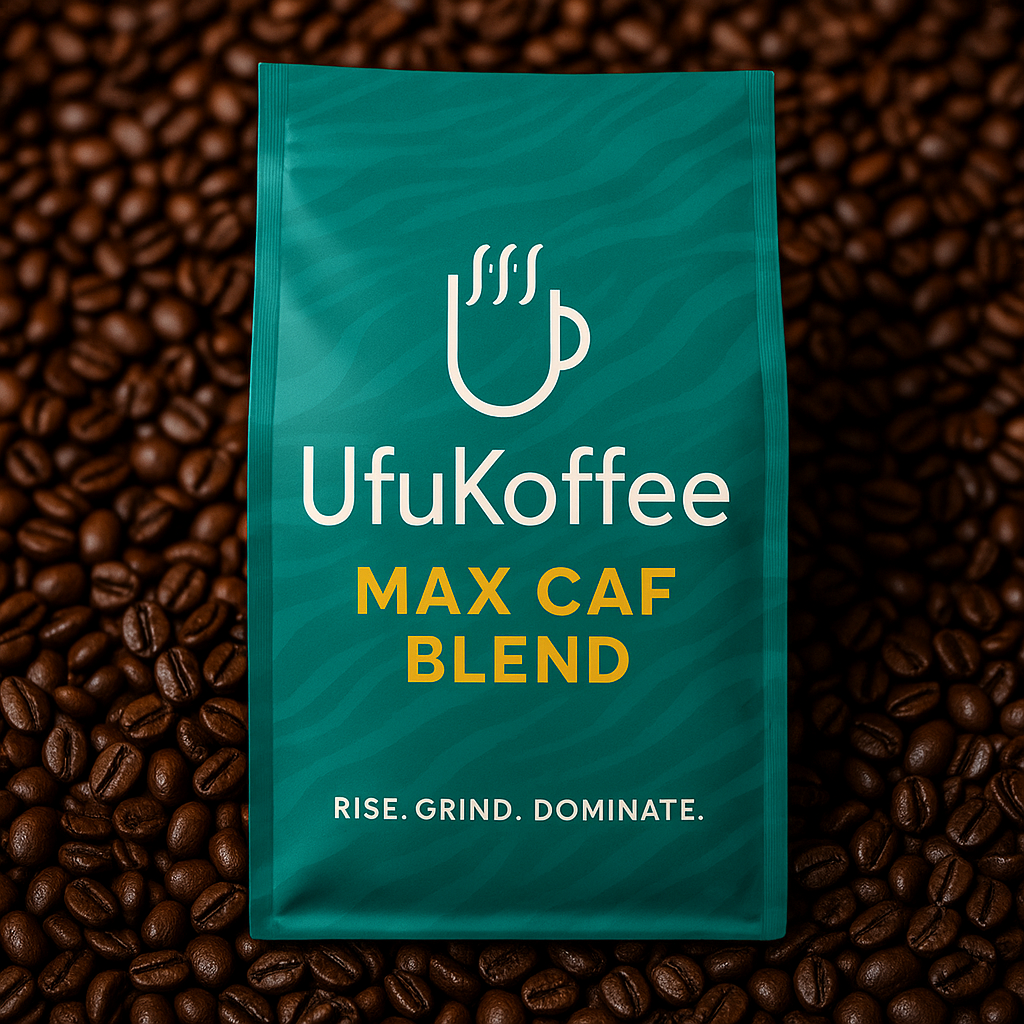 UfuKoffee Max Caffeine Specialty Coffee bag with Max Caf Blend label on coffee beans background