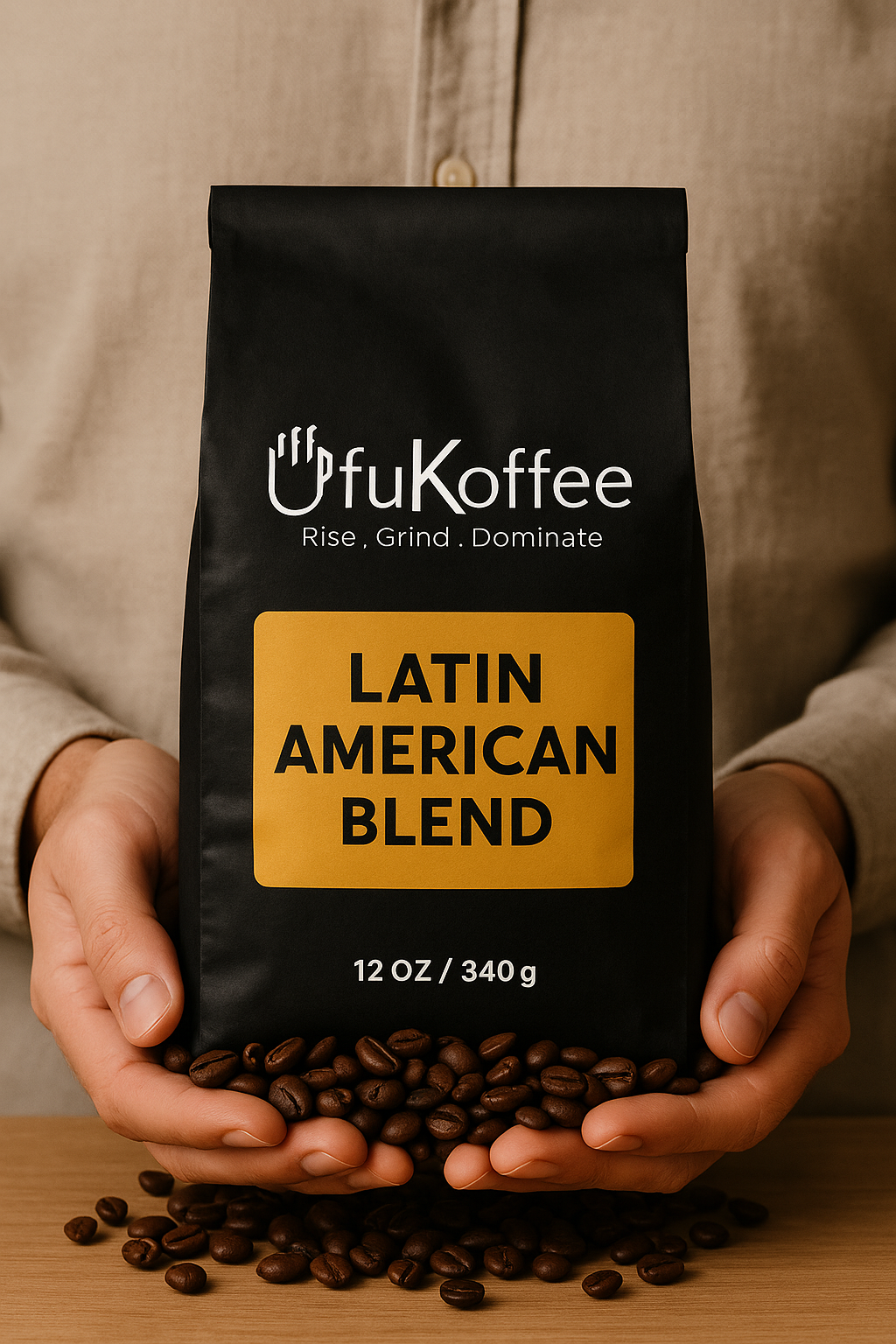 UfuKoffee Latin American Blend specialty coffee beans online 12 oz black bag held by person