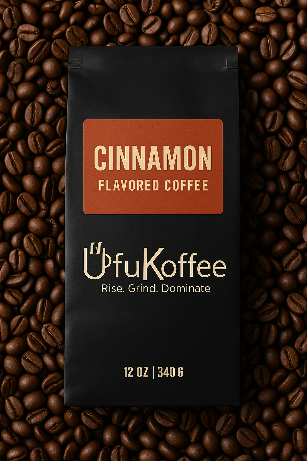 UfuKoffee cinnamon flavored coffee 12 oz bag surrounded by coffee beans buy cinnamon coffee online