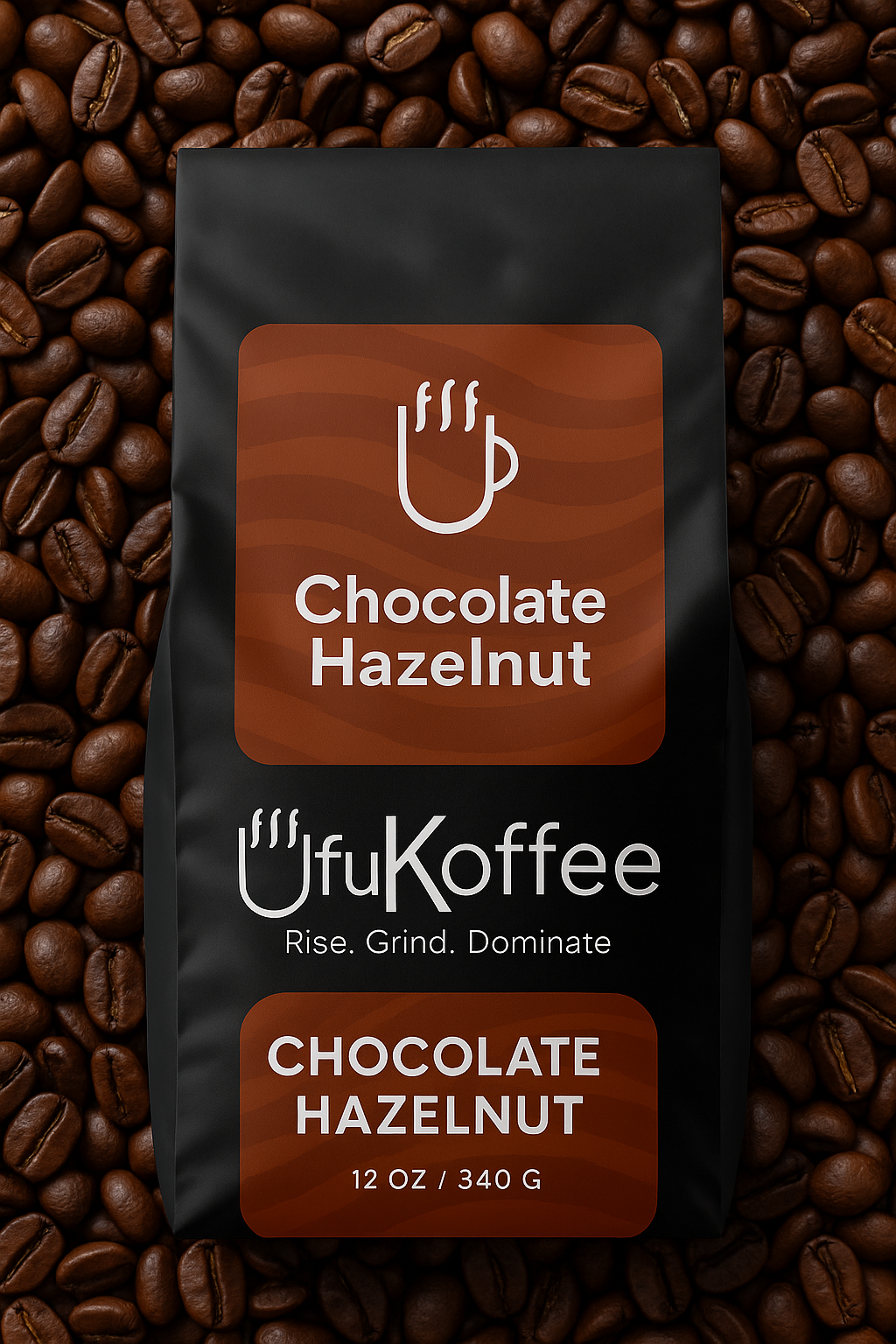 UfuKoffee bag of freshly roasted chocolate hazelnut coffee surrounded by coffee beans