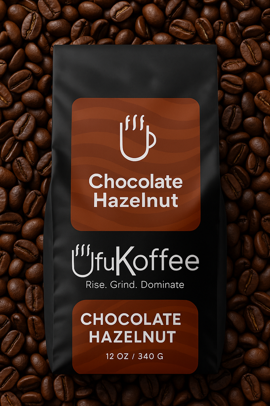 UfuKoffee bag of freshly roasted chocolate hazelnut coffee surrounded by coffee beans