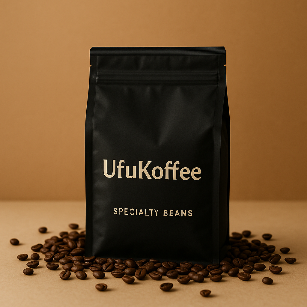 UfuKoffee black bag with specialty beans and mushroom coffee medium roast surrounded by coffee beans