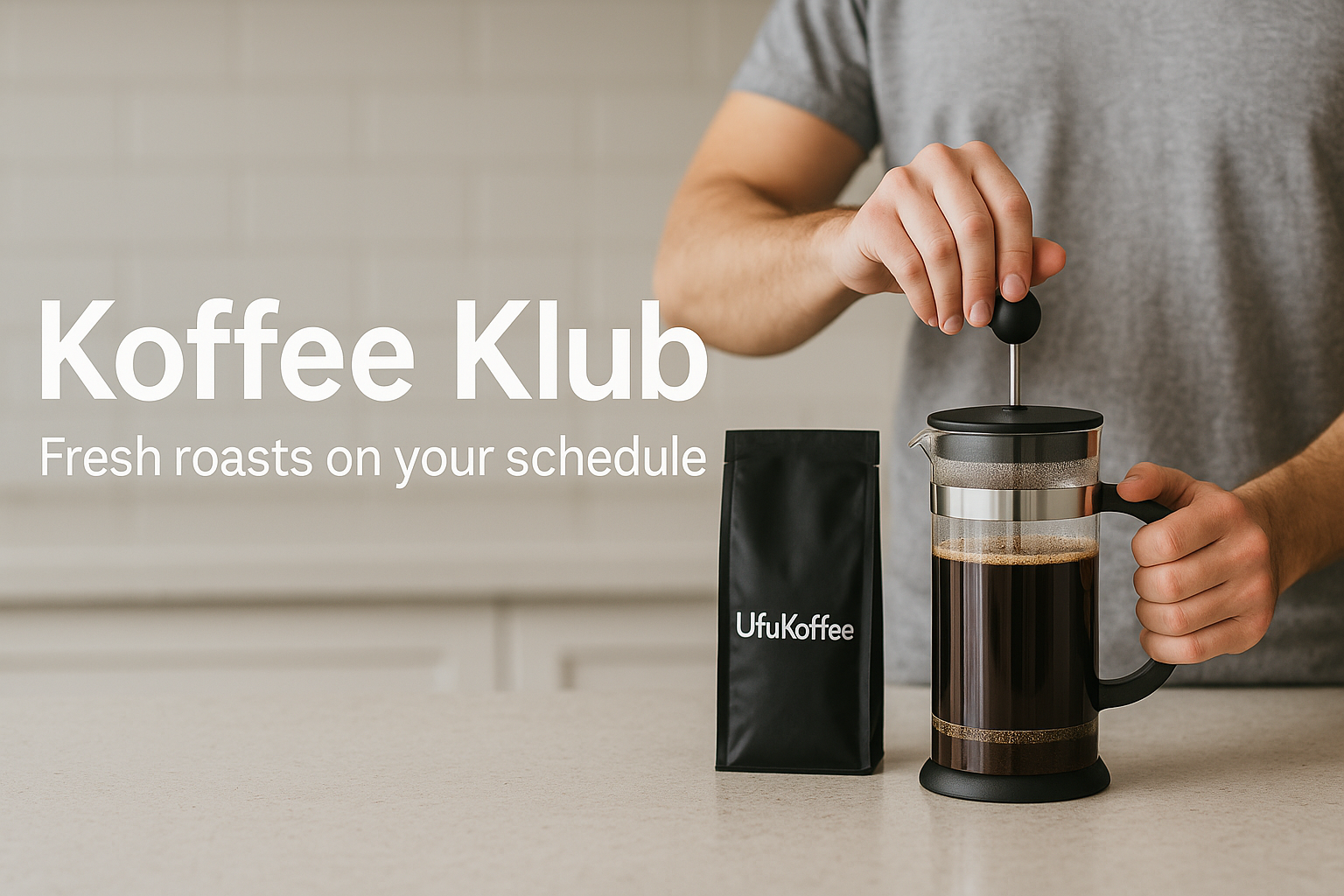 UfuKoffee mushroom coffee medium roast in black bag next to French press with fresh brewed coffee