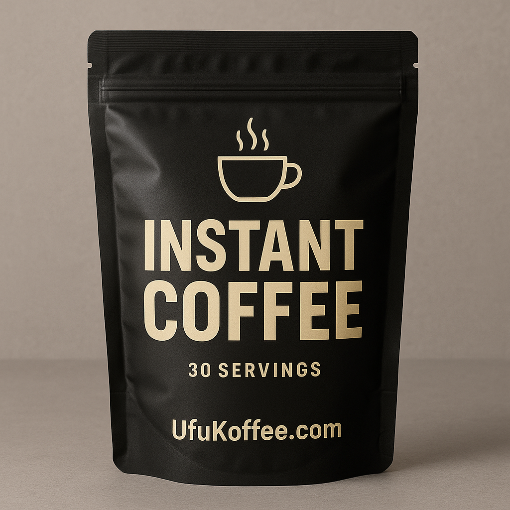 UfuKoffee black pouch with 30 servings of premium instant coffee online in beige lettering