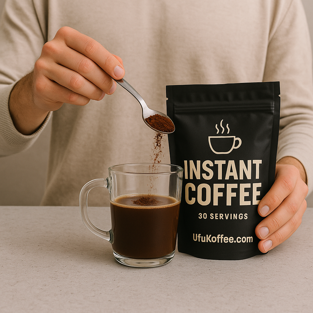 UfuKoffee premium instant coffee online shown with black packaging and person adding coffee powder to glass mug