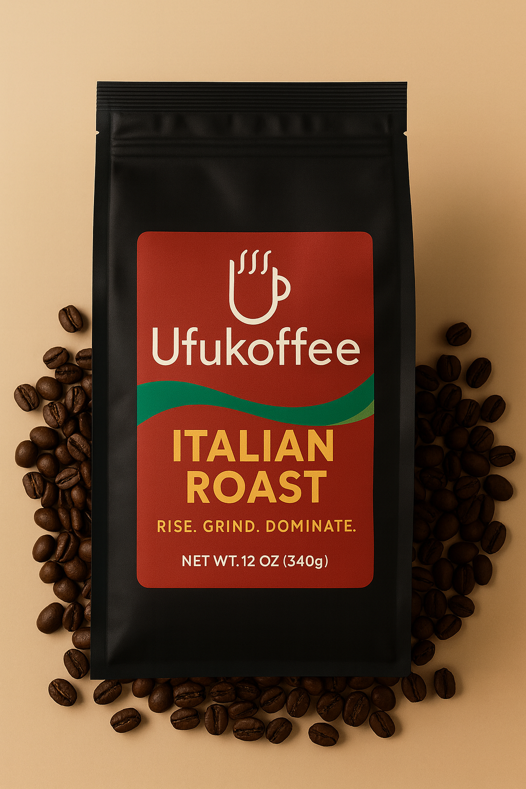 UfuKoffee specialty fresh roasted Italian coffee beans in a 12 oz black bag with Italian roast label surrounded by coffee beans
