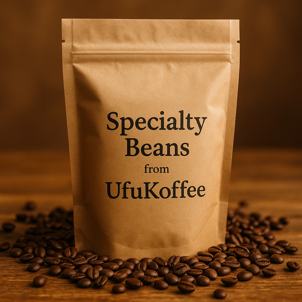 UfuKoffee specialty fresh roasted Italian coffee beans in brown resealable bag surrounded by coffee beans