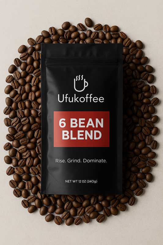 UfuKoffee 6 Bean Specialty Coffee Blend black bag surrounded by roasted coffee beans