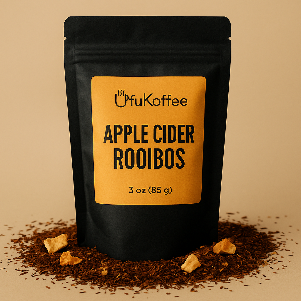 UfuKoffee Apple Cider Rooibos Tea 3 oz black pouch surrounded by loose rooibos leaves and apple pieces