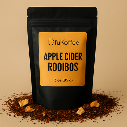 UfuKoffee Apple Cider Rooibos Tea 3 oz black pouch surrounded by loose rooibos leaves and apple pieces